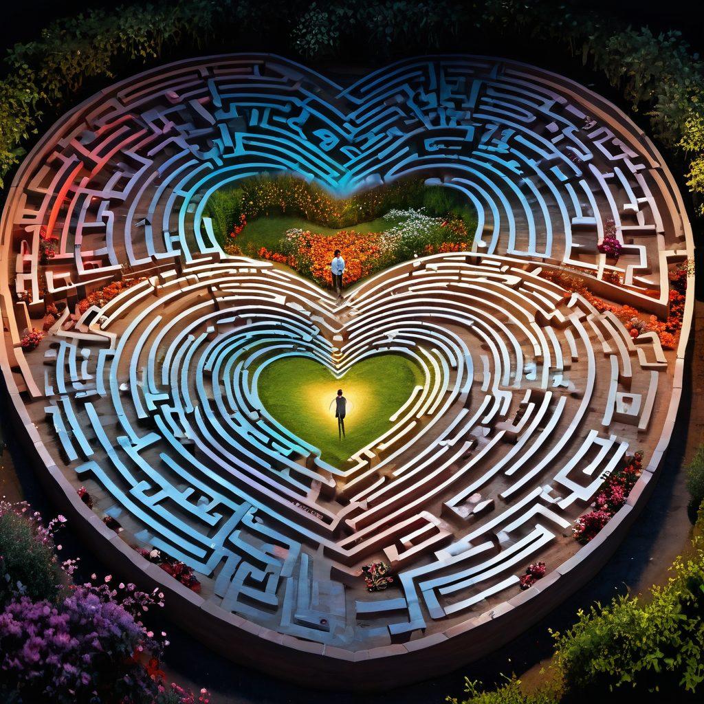 An artistic representation of a heart-shaped labyrinth symbolizing the complexities of love, with paths filled with colorful quotes about connection and understanding. Soft, glowing lights illuminating various aspects of relationships, like trust, communication, and passion, lead through the maze. A couple at the center of the labyrinth, sharing a warm embrace, surrounded by blooming flowers and gentle waves. Elegant typography overlays with the words 'Navigating the Depths of Love'. vibrant colors. 3D. painting.