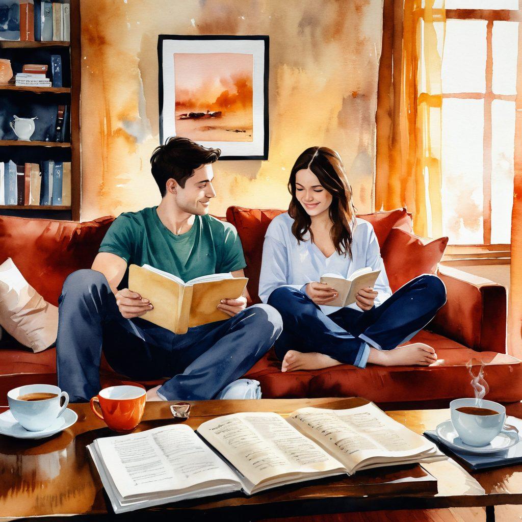 A warm and inviting scene of a couple sitting on a cozy couch, facing each other with open communication, surrounded by soft, ambient lighting. Include elements such as a cup of steaming tea in hand and open notebooks with notes of love advice sprinkled around, symbolizing guidance. Emphasize emotions like joy and understanding on their faces as they navigate relationship challenges together. watercolor painting. warm colors. soft focus.